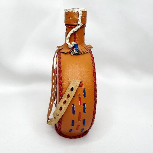 Vtg European Floral Folk Art Leather Covered Glass Flask Brown Red Yellow Blue - Picture 4 of 8